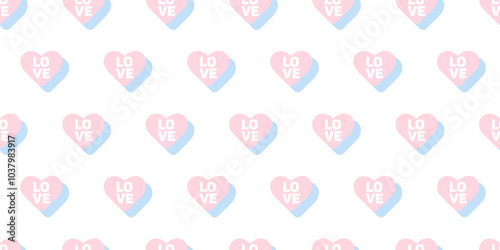 Seamless pattern with pink hearts in retro style. Horizontal banner with heart shaped candies with love lettering. For Valentine backgrounds, wrapping paper and textile. Concept of love, romance