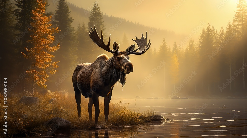 Majestic moose in misty autumnal forest - A magnificent moose stands alert in a foggy, golden-toned forest, showcasing the beauty of wildlife in autumn Majestic moose in misty autumnal forest - A magnificent moose stands alert in a foggy, golden-toned forest, showcasing the beauty of wildlife in autumn