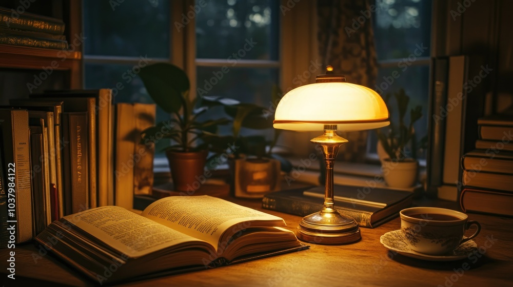A cozy, dimly lit study room with a desk lamp emitting soft, golden light over open books and a cup of hot cocoa. A cozy, dimly lit study room with a desk lamp emitting soft, golden light over open books and a cup of hot cocoa.