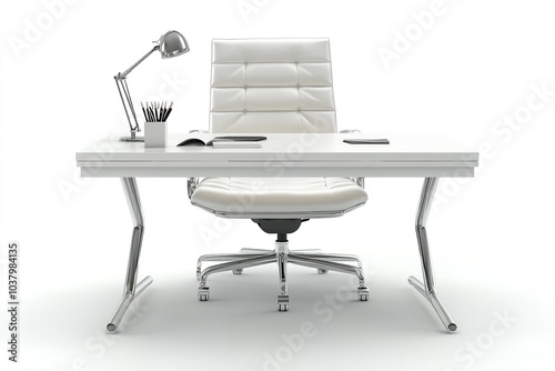 Isolated on a white backdrop are an office desk and chair. Generative Ai