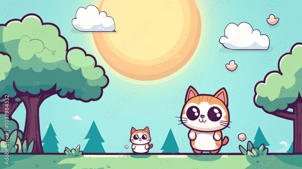 Cute Cartoon Cats in Summer Forest Landscape Illustration Cute Cartoon Cats in Summer Forest Landscape Illustration