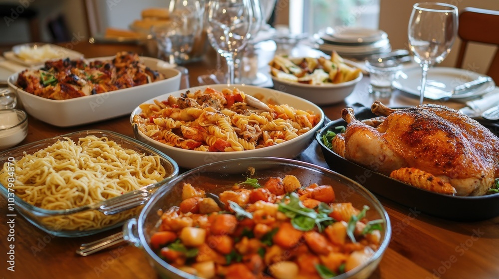 Obraz premium A dinner table laden with freshly prepared dishes including roasted chicken, pasta, and fresh vegetables, ready for a shared meal.