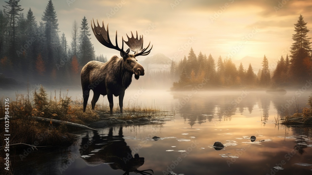 A majestic moose standing by a misty lake in the early morning, its reflection perfectly mirrored in the still water A majestic moose standing by a misty lake in the early morning, its reflection perfectly mirrored in the still water