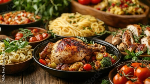 A dinner table laden with freshly prepared dishes including roasted chicken, pasta, and fresh vegetables, ready for a shared meal.