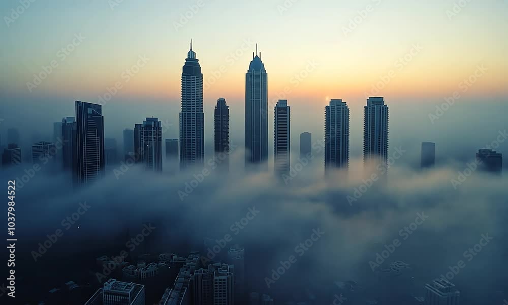 A sea of clouds engulfs a city skyline, with tall buildings peeking out from above, a vibrant sunrise casting a warm glow on the horizon. A sea of clouds engulfs a city skyline, with tall buildings peeking out from above, a vibrant sunrise casting a warm glow on the horizon.