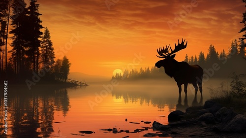 Majestic Moose Silhouette at Misty Lake Sunset 