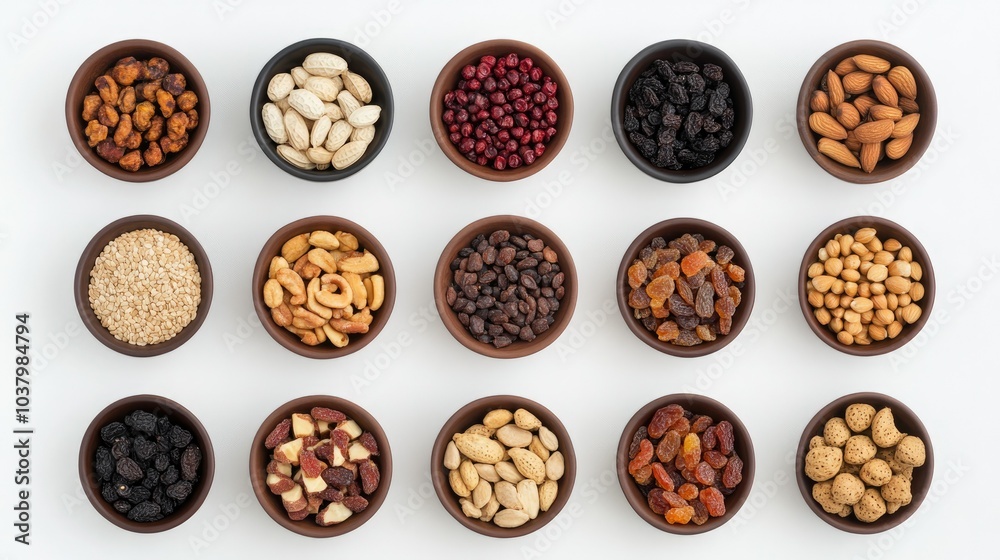 A flat-lay of mixed nuts, seeds, and dried fruits arranged in small bowls on a white background. Healthy and energizing snack options. A flat-lay of mixed nuts, seeds, and dried fruits arranged in small bowls on a white background. Healthy and energizing snack options.