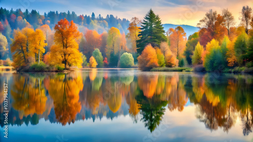 Autumn's Serene Embrace: A Lake Reflects Vibrant Fall Foliage.