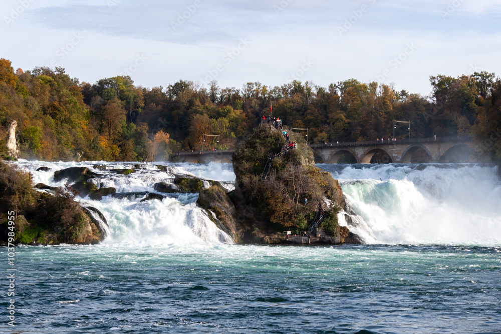 Fototapeta premium Rhine Falls view from boat. The largest waterfall in Europe, located on the border of Switzerland and Germany