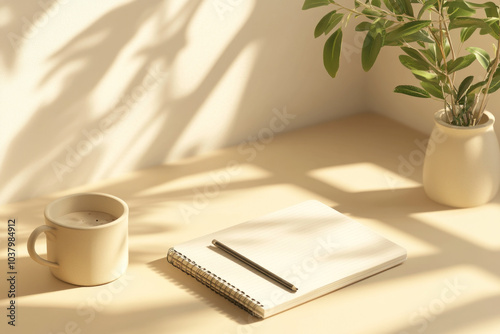 White notebook open near a cup on a table. photo