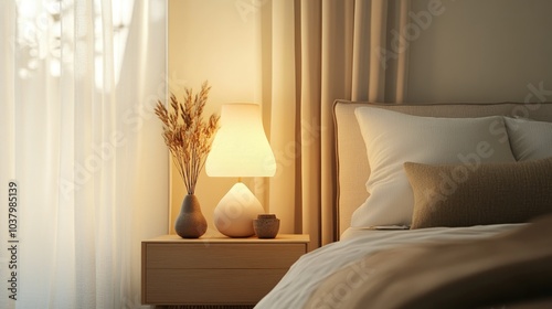 A stylish, modern lamp on a bedside table, casting a soft, warm glow across a minimal bedroom with cozy textures and a serene vibe.