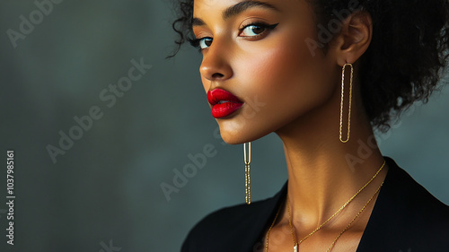 dark-skinned girl with red lips close-up on dark background