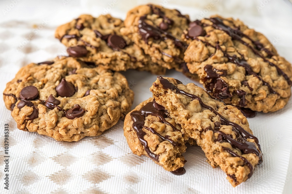 A delicious oatmeal cookies with chocolate on a white napkin background A delicious oatmeal cookies with chocolate on a white napkin background