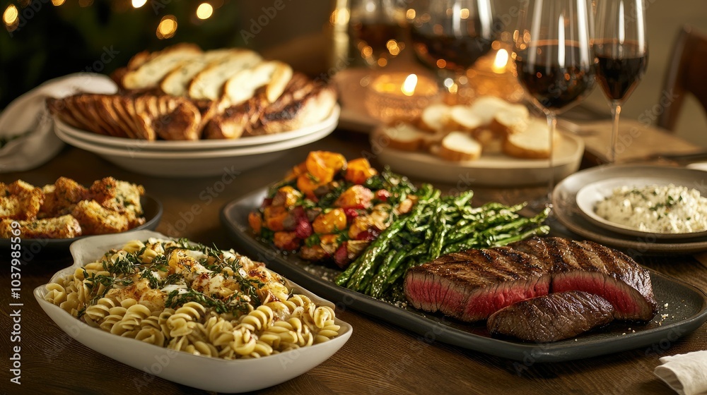 A gourmet table spread featuring steaks, pasta, roasted vegetables, and bread, creating a sophisticated and balanced meal presentation. A gourmet table spread featuring steaks, pasta, roasted vegetables, and bread, creating a sophisticated and balanced meal presentation.