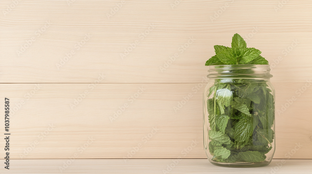 Fototapeta premium Fresh Mint Leaves in a Glass Jar on a Wooden Background