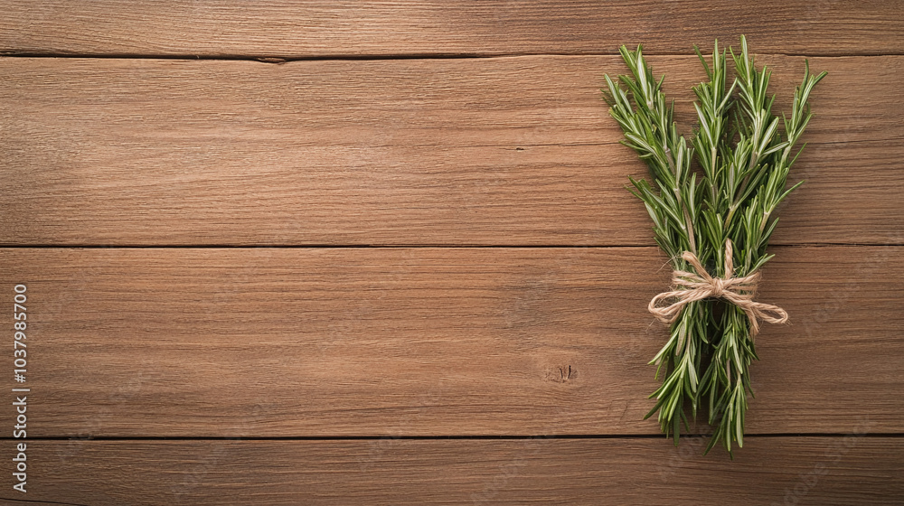 Fresh Rosemary Sprigs on Rustic Wooden Background Fresh Rosemary Sprigs on Rustic Wooden Background