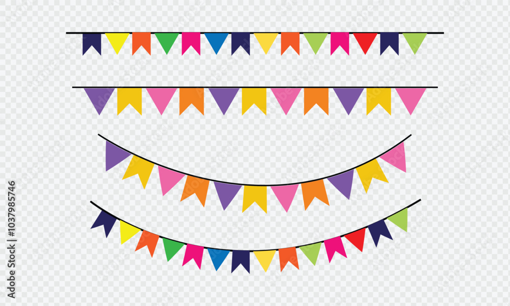 Festive flag garland. Carnival park with flags. Birthday, circus border decoration. Bunting flags