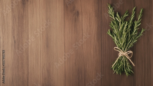 Fresh Rosemary Sprigs on Rustic Wooden Background