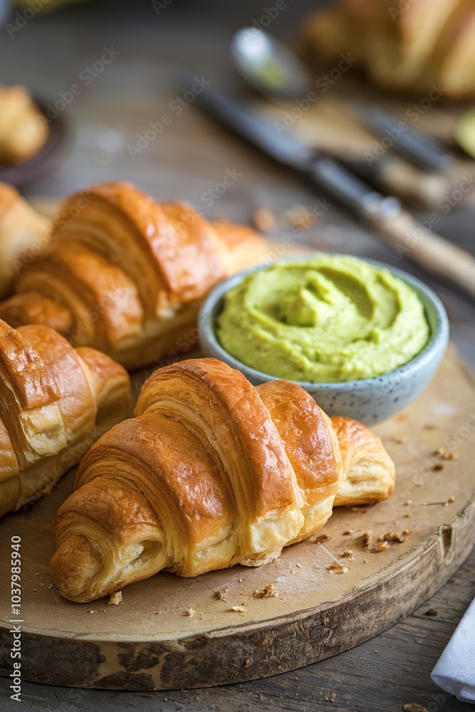 Freshly baked croissants on a wooden board with a small bowl of green avocado dip Freshly baked croissants on a wooden board with a small bowl of green avocado dip