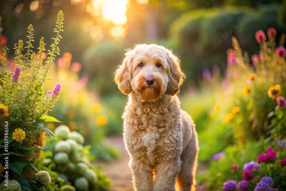 Soft focus transforms the desert into a dreamy backdrop for a Labradoodle enjoying the sun.