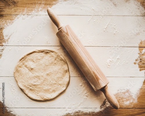 Raw pizza dough and rolling pin on wooden background