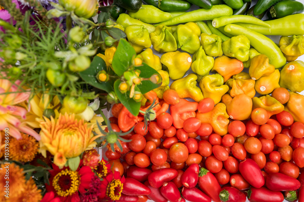 Handpicked colorful vegetables and flowers arranged in rainbow hue Handpicked colorful vegetables and flowers arranged in rainbow hue