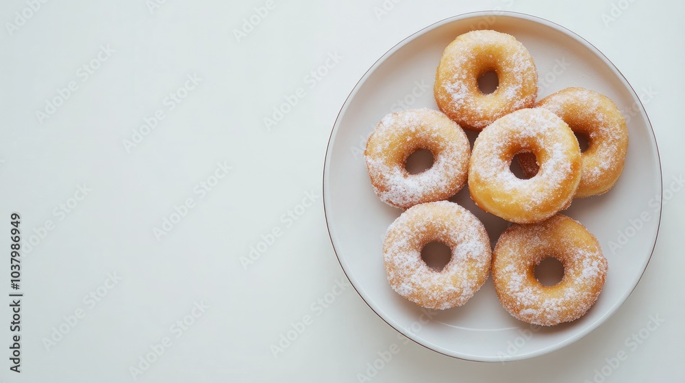 A plate of freshly made donuts with powdered sugar, set against a clean white background. Classic and comforting. A plate of freshly made donuts with powdered sugar, set against a clean white background. Classic and comforting.