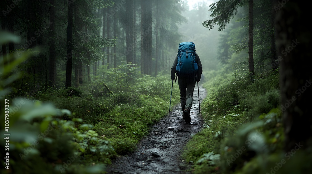 Obraz premium Hiker with Backpack Exploring Misty Forested Trail on Mountain Adventure