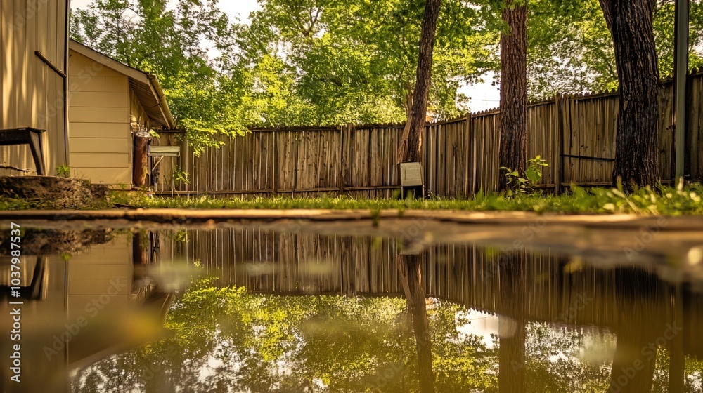 Backyard with standing water reflecting the surrounding trees and sky, capturing the serene beauty of nature's reflection and the tranquility of a still moment.