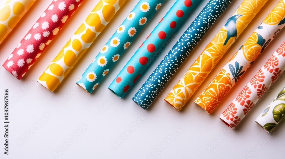 Naklejka premium Colorful Patterned Paper Rolls for Crafts and Gift Wrapping