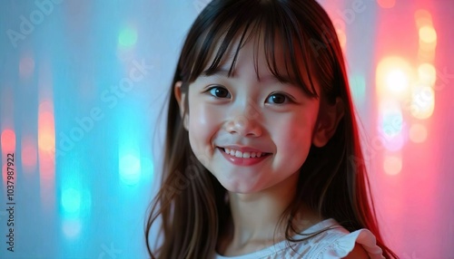 10 year old asian girl with big happy smile on her face, in studio background