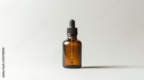 A single brown glass bottle with a dropper, set on a white background. Ideal for essential oils or skincare products.