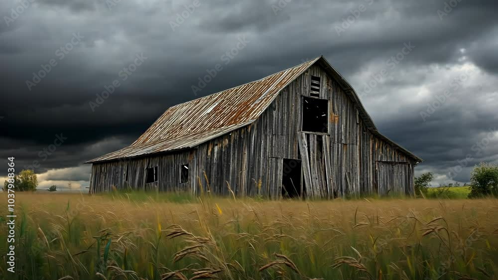 An old, weathered barn stands in a field of tall grass, with a dark storm cloud looming overhead An old, weathered barn stands in a field of tall grass, with a dark storm cloud looming overhead
