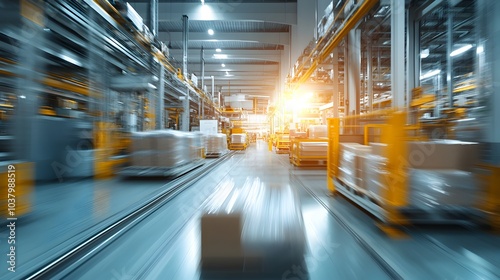 Blurred motion of a modern warehouse distribution facility with storage shelves and equipment