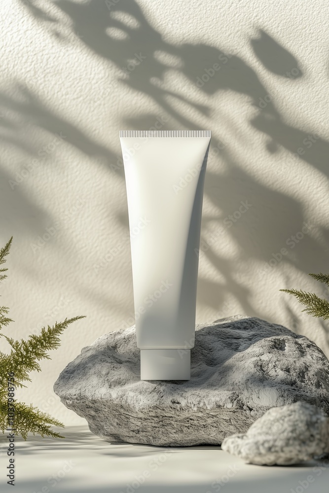 Minimalist Skincare Product Displayed on a Textured Stone With Soft Shadows and Ferns in a Serene Indoor Setting Minimalist Skincare Product Displayed on a Textured Stone With Soft Shadows and Ferns in a Serene Indoor Setting