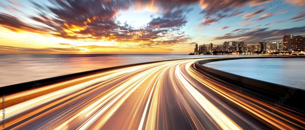 Highway with cityscape behind and ocean in front Highway with cityscape behind and ocean in front