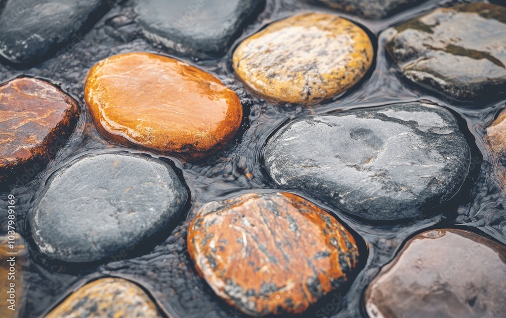 A close-up of smooth, colorful stones partially submerged in clear water. A close-up of smooth, colorful stones partially submerged in clear water.
