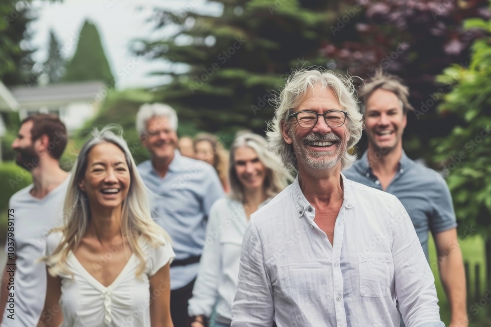 Portrait of happy senior man with group of friends standing in the garden Portrait of happy senior man with group of friends standing in the garden