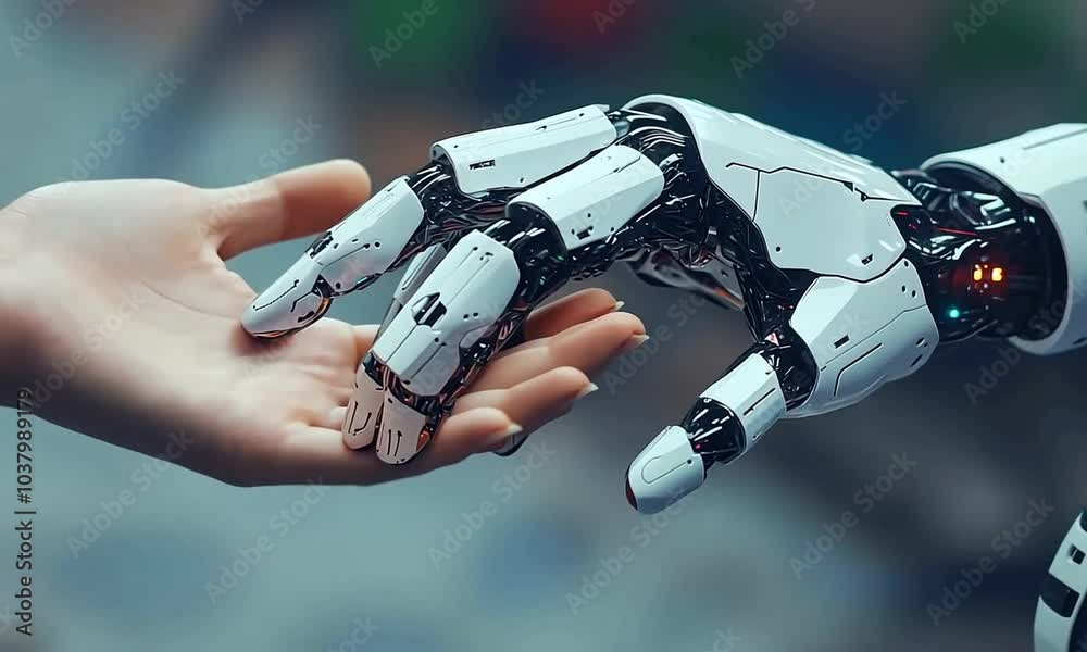 A robotic hand reaching out towards a human hand in a futuristic setting.