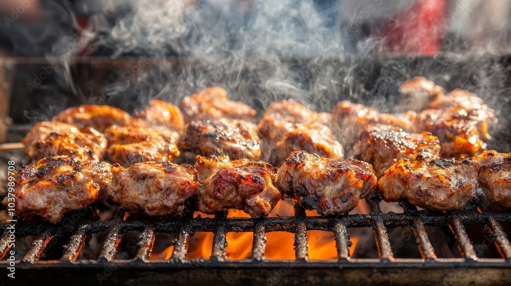 Grilled meat sizzling on a barbecue, surrounded by smoke, showcasing a cooking moment. Grilled meat sizzling on a barbecue, surrounded by smoke, showcasing a cooking moment.