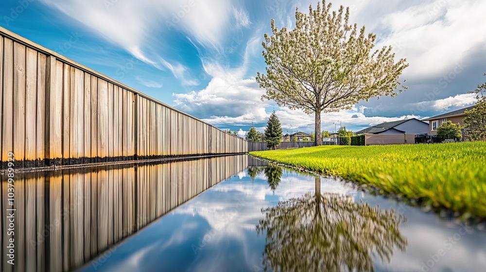 Obraz premium Backyard with standing water reflecting the surrounding trees and sky, capturing the serene beauty of nature's reflection and the tranquility of a still moment.