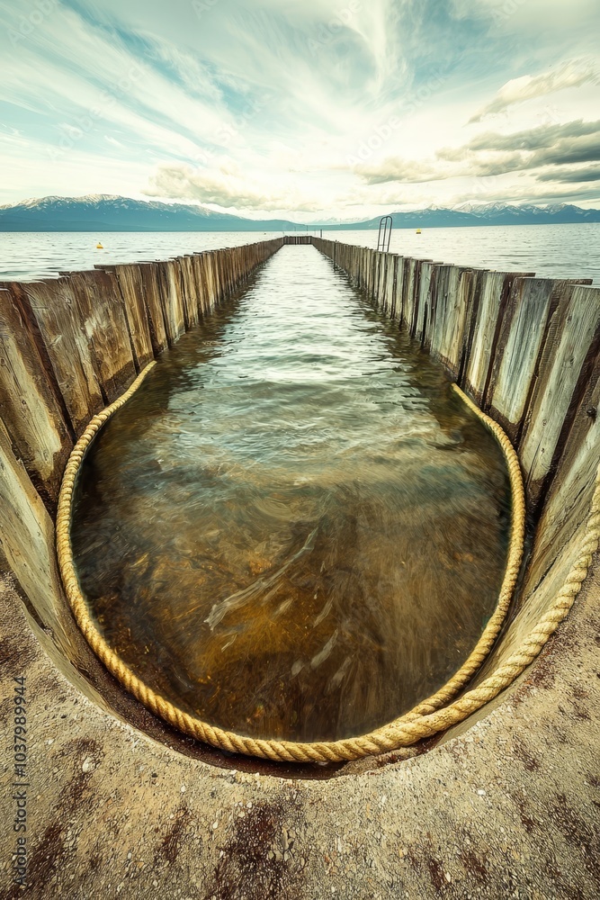 Obraz premium Scena przedstawiająca zbiornik wodny z liną biegnącą przez jego środek, na tle nieba