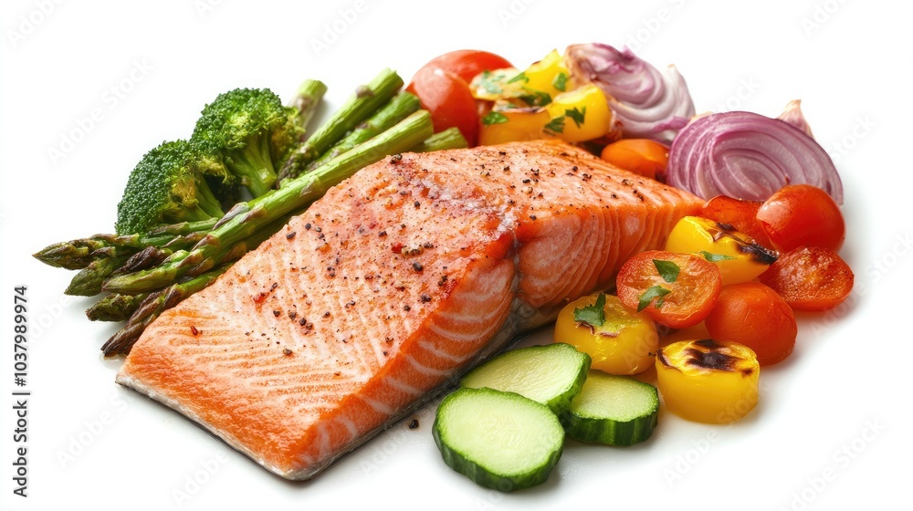 A well-balanced meal of salmon steak with roasted asparagus, broccoli, and colorful vegetables, laid out on a white background. Clean and vibrant. A well-balanced meal of salmon steak with roasted asparagus, broccoli, and colorful vegetables, laid out on a white background. Clean and vibrant.
