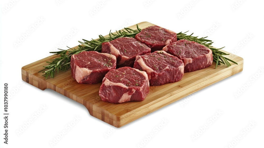A wooden cutting board with thick cuts of raw beef steaks, neatly arranged, against a plain white background. Perfect for grilling. A wooden cutting board with thick cuts of raw beef steaks, neatly arranged, against a plain white background. Perfect for grilling.