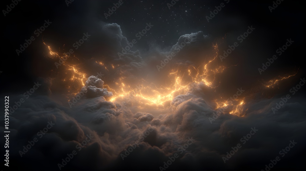 Dramatic Fiery Clouds and Ethereal Lighting in Moody Atmospheric Landscape Dramatic Fiery Clouds and Ethereal Lighting in Moody Atmospheric Landscape