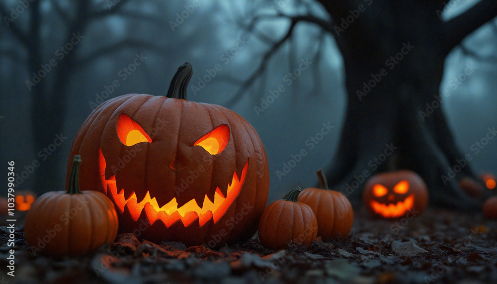 A group of carved pumpkins with glowing eyes in a forest