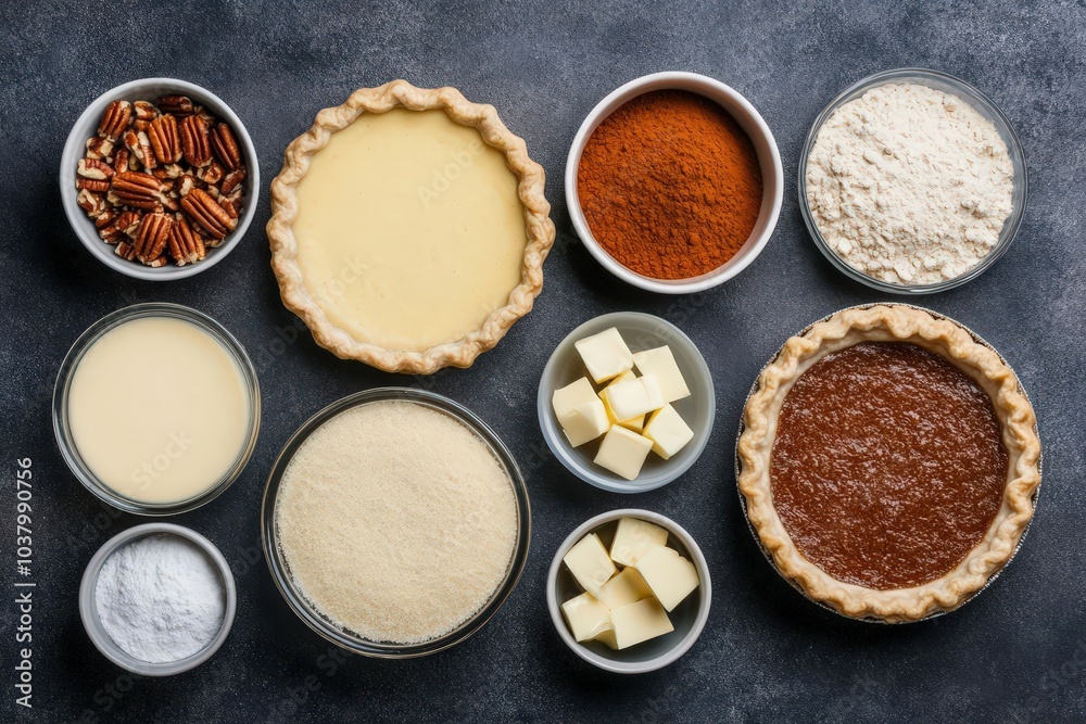A variety of ingredients for pie preparation, including crust, spices, sugars, and nuts, arranged neatly on a textured surface. A variety of ingredients for pie preparation, including crust, spices, sugars, and nuts, arranged neatly on a textured surface.