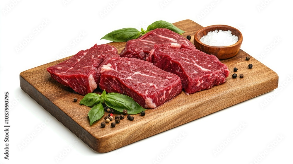 Raw marbled beef steaks on a wooden cutting board, ready for preparation, with salt and pepper beside it, set on a white background. Rich and fresh. Raw marbled beef steaks on a wooden cutting board, ready for preparation, with salt and pepper beside it, set on a white background. Rich and fresh.
