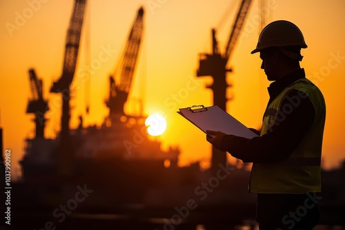 Port scene at sunset