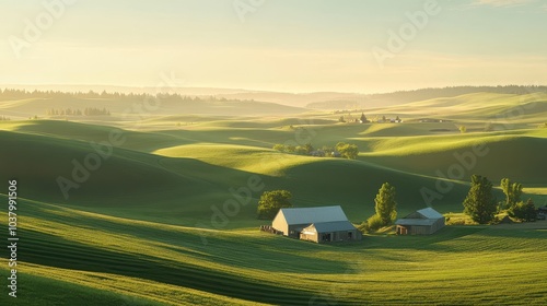 Sunlit rolling hills with green grain fields and farm buildings- palouse, washington, united states of america  photo